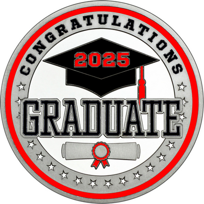 Black "Congratulations Graduate" with Red 2025, Rim, Tassel & Ribbon
